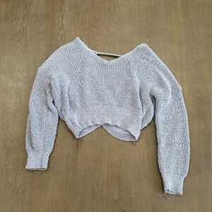 debut blue knit cropped sweater with cut out back